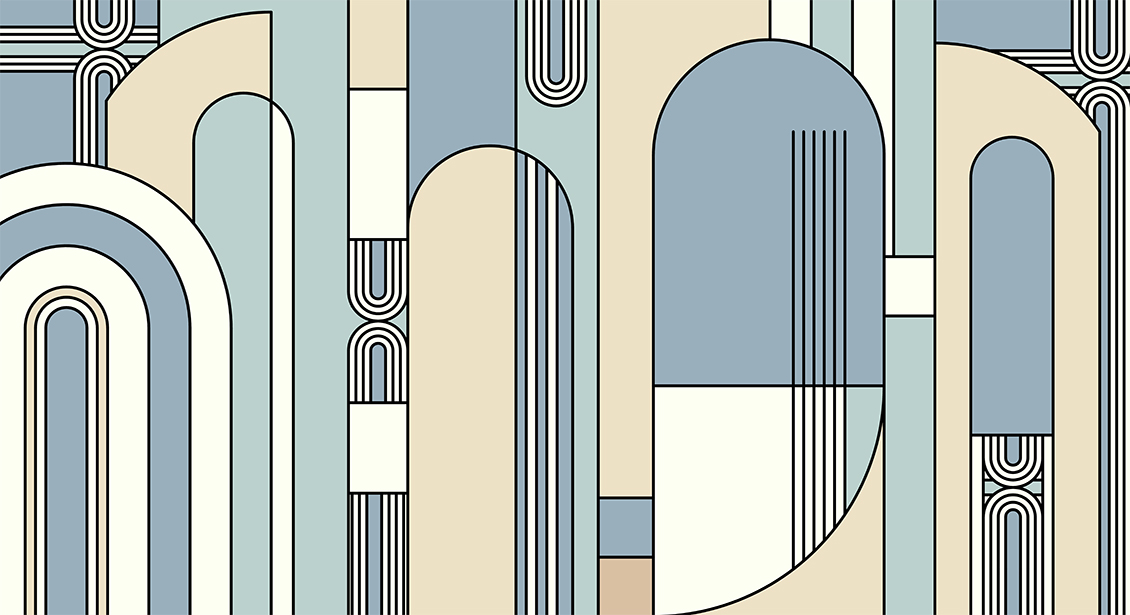 da parati decorativa in stile deco, con figure geometriche di colore verde, blu e beige