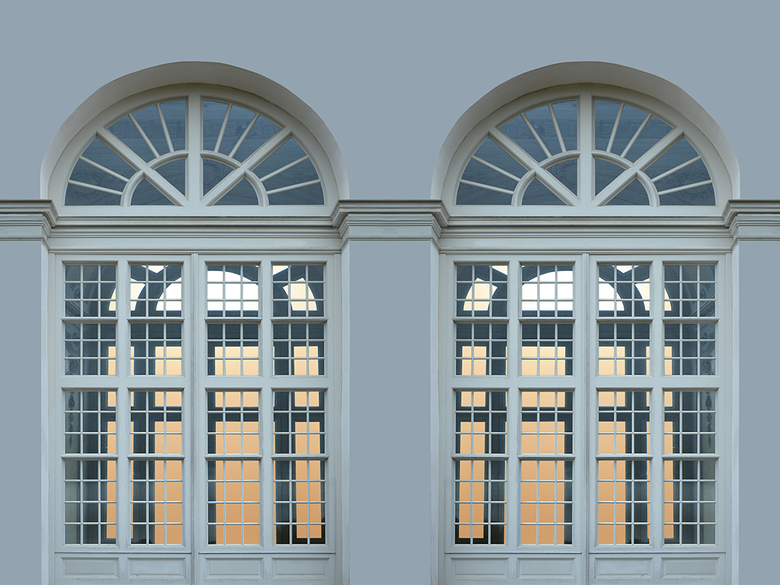 Architectural themed wallpaper with large arched windows