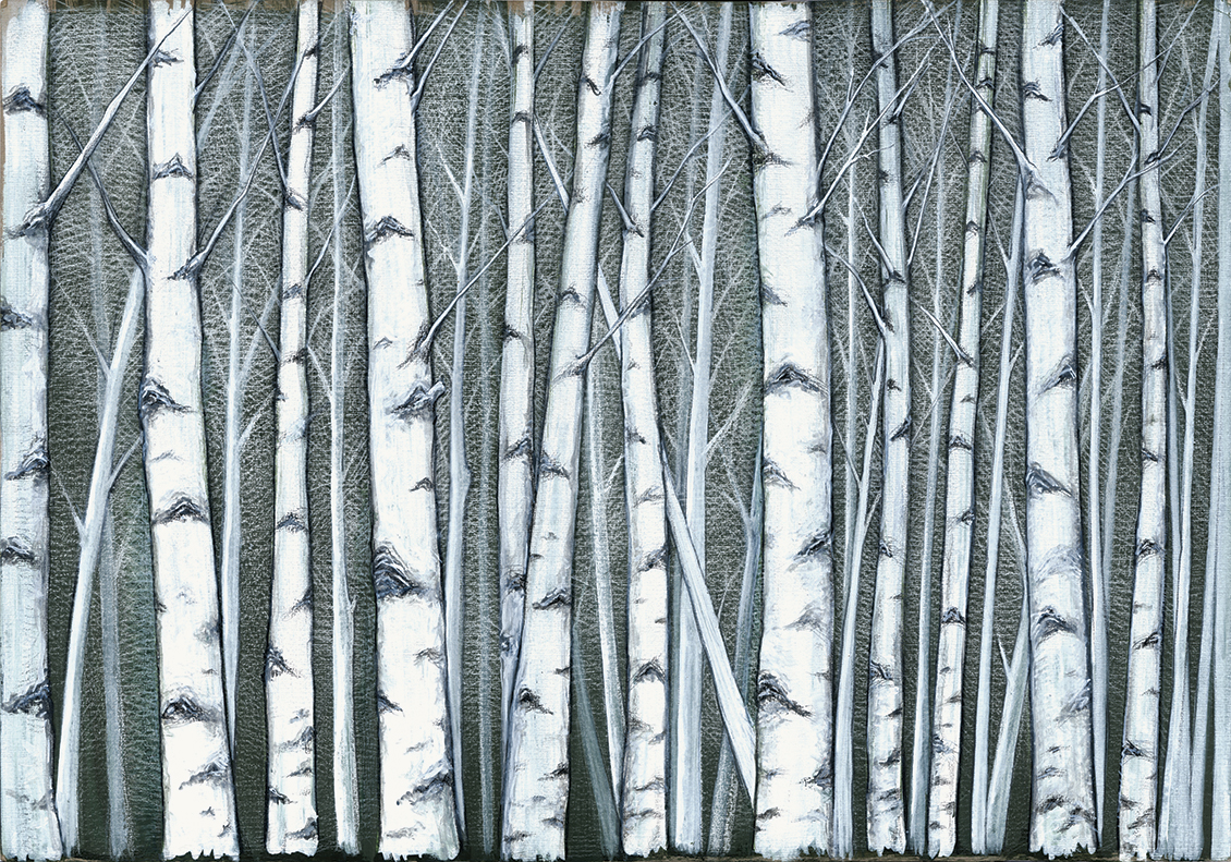 Carta da parati naturalistica con bosco di betulle dipinta a mano su fondo verde