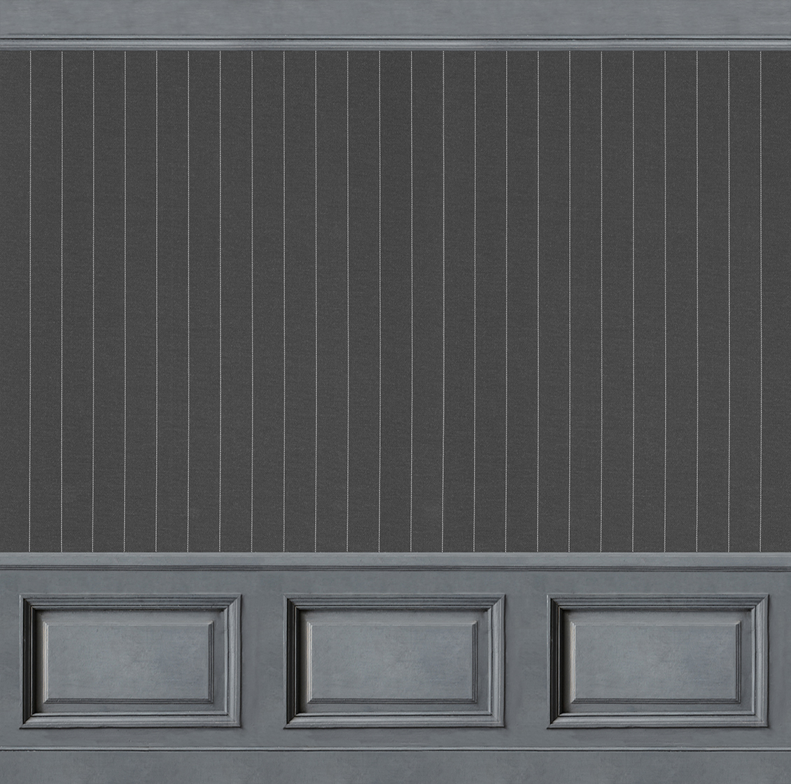Customizable wallpaper with gray boiserie and pinstripe fabric