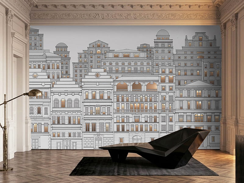Carta da parati architettonica con una citta di palazzi disegnati a mano su fondo nero