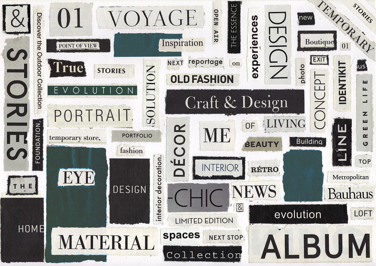 Lettering wallpaper with ocher, black and white letters and words