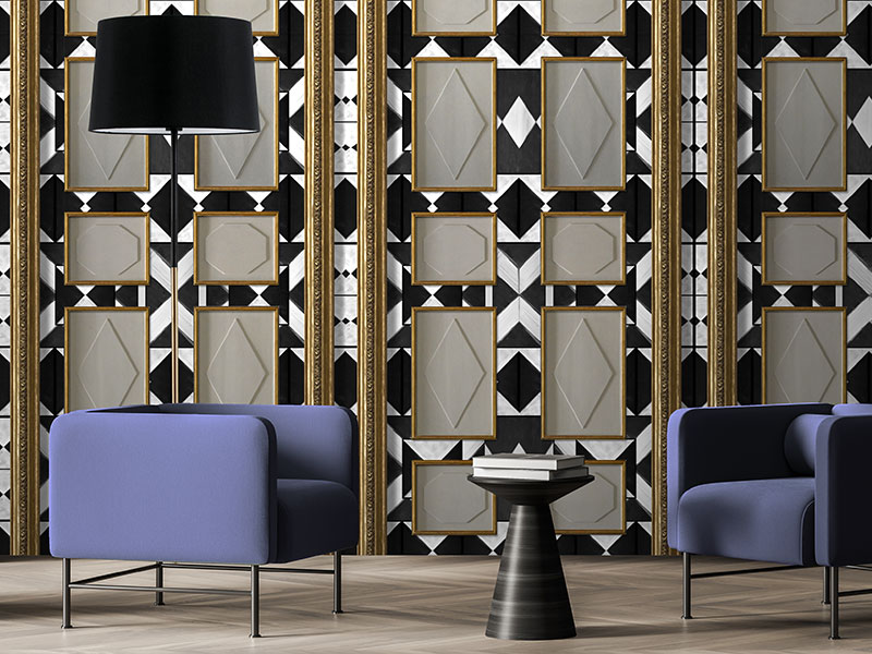 Black and white geometric wallpaper with realistic boiserie and gold borders , in a living room