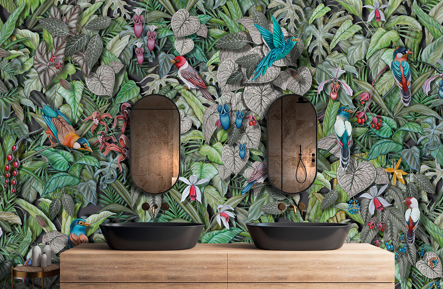 Floral wallpaper with tropical birds and parrots in an elegant bathroom