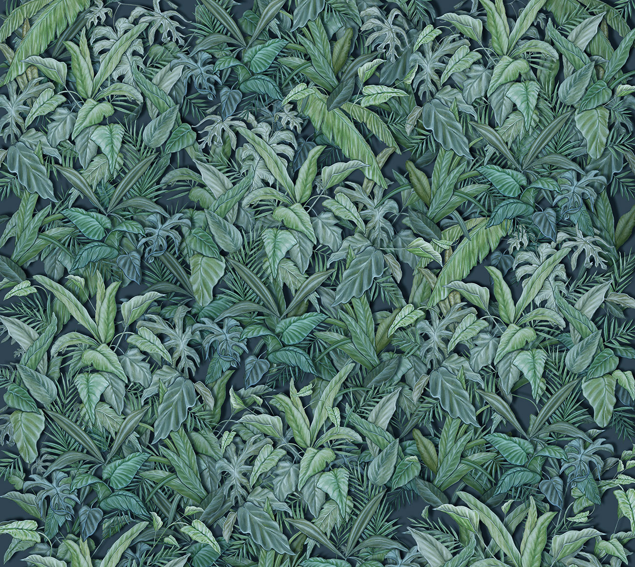 Tropical wallpaper with composition of exotic leaves in various shades of green and purple, on a gray background   