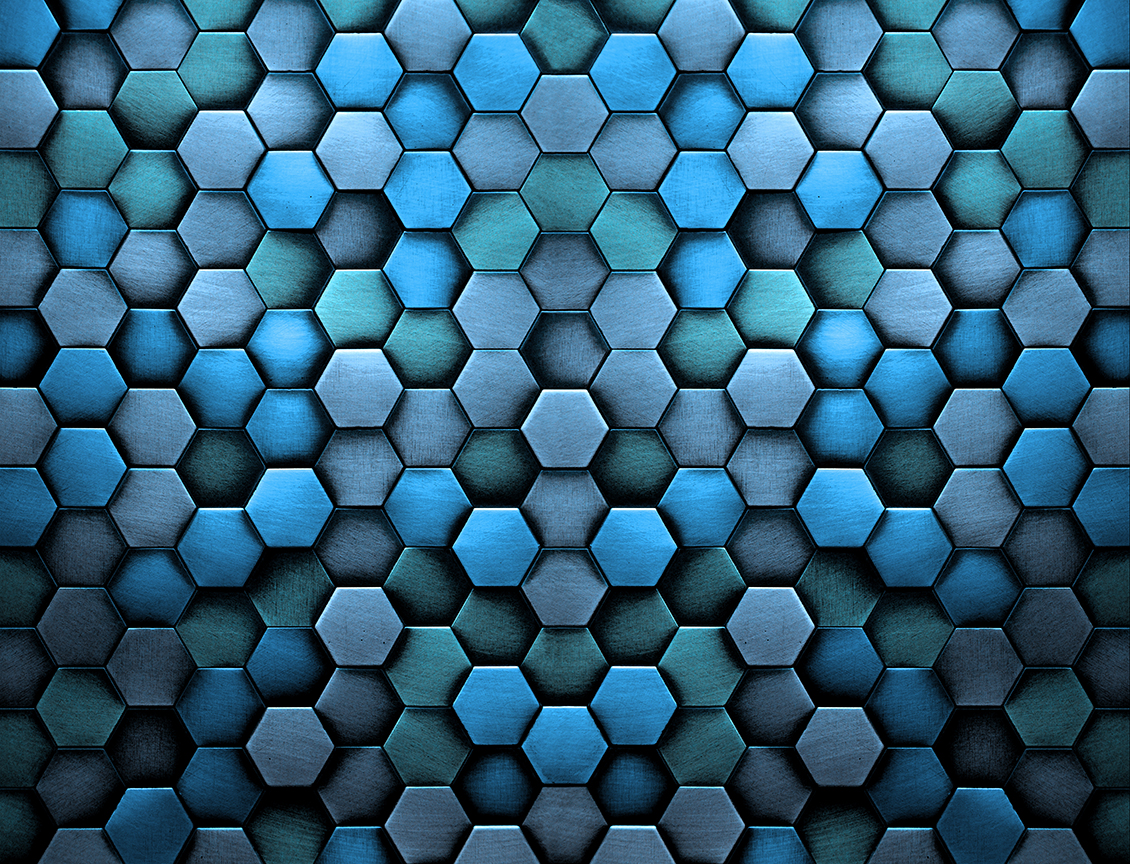 Geometric 3D effect wall covering with blue and green metal hexagons           