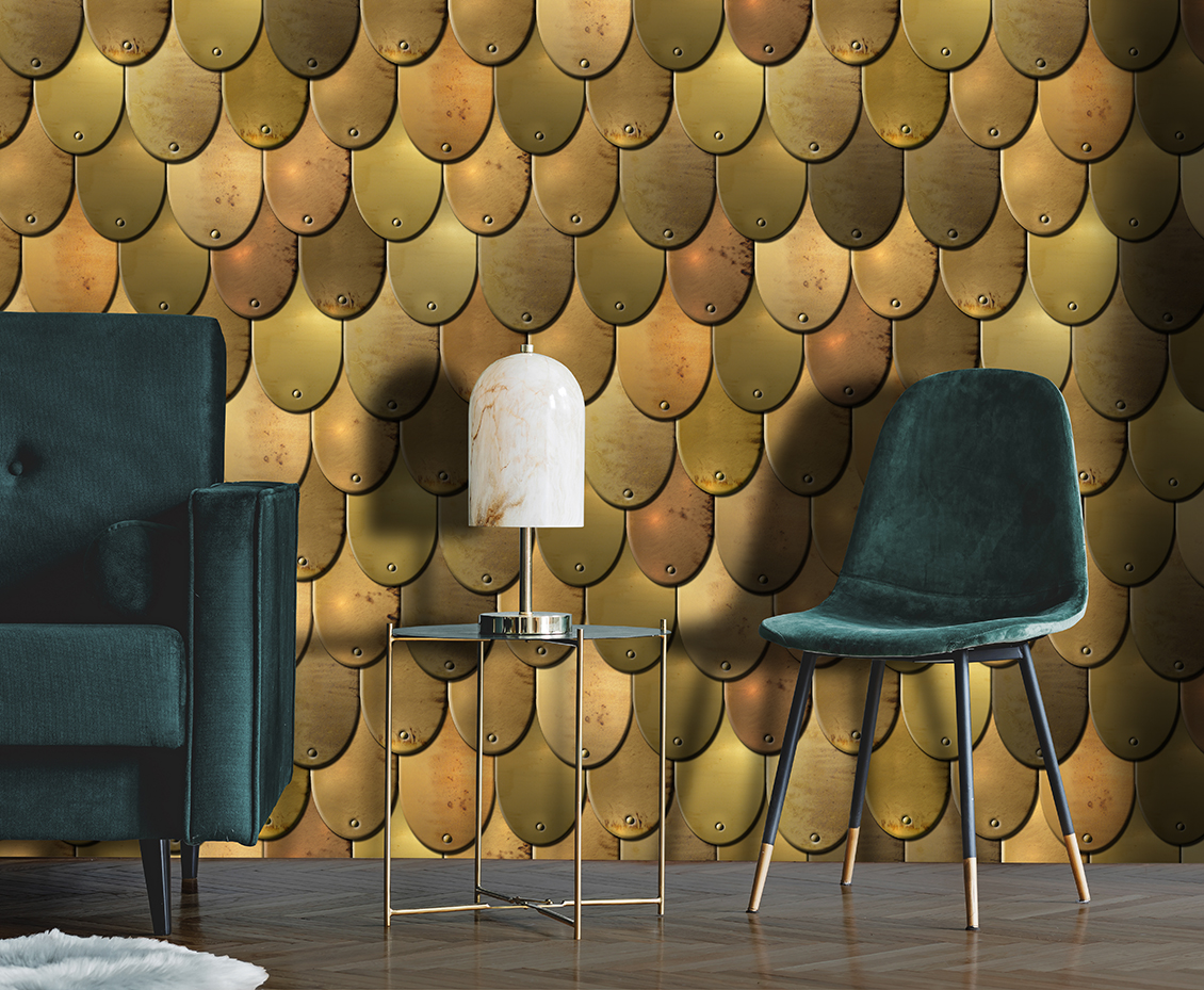 Living room covered with deco wallpaper with metallic flakes in gold tones
