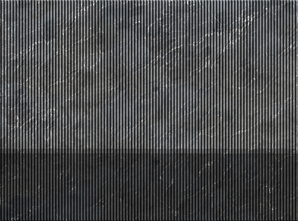 3D wallpaper with boiserie with vertical marble-effect strips in various shades of grey