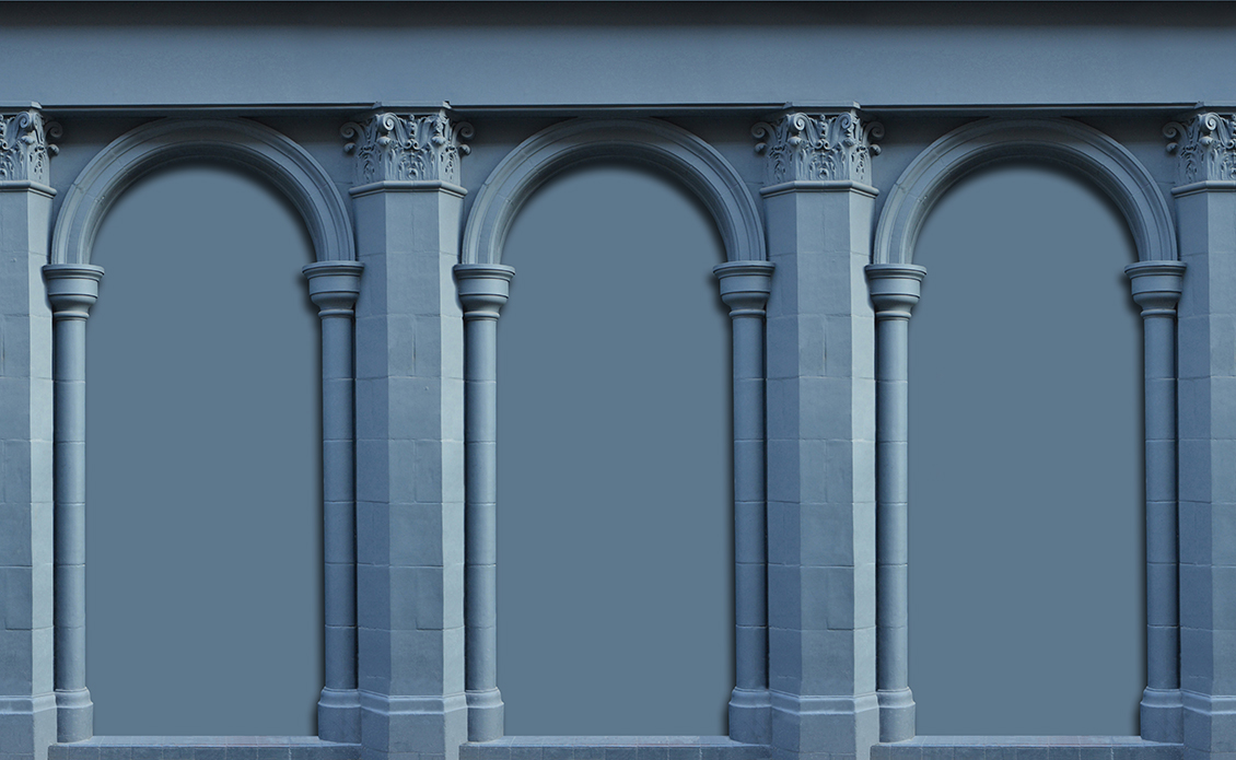 Blue architectural themed wallpaper with 3D effect, with arches supported by columns and 