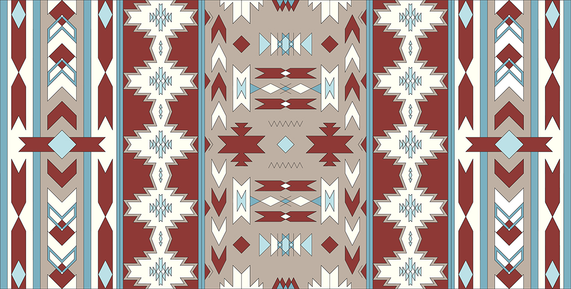 Geometric wallpaper in ethnic style in red, blue, white and dove grey