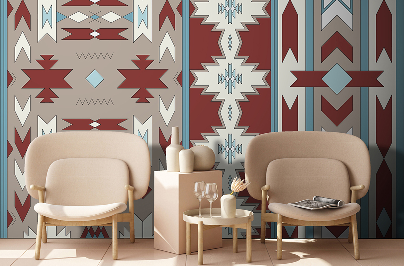 Geometric wallpaper in ethnic style in red, blue, white and dove grey