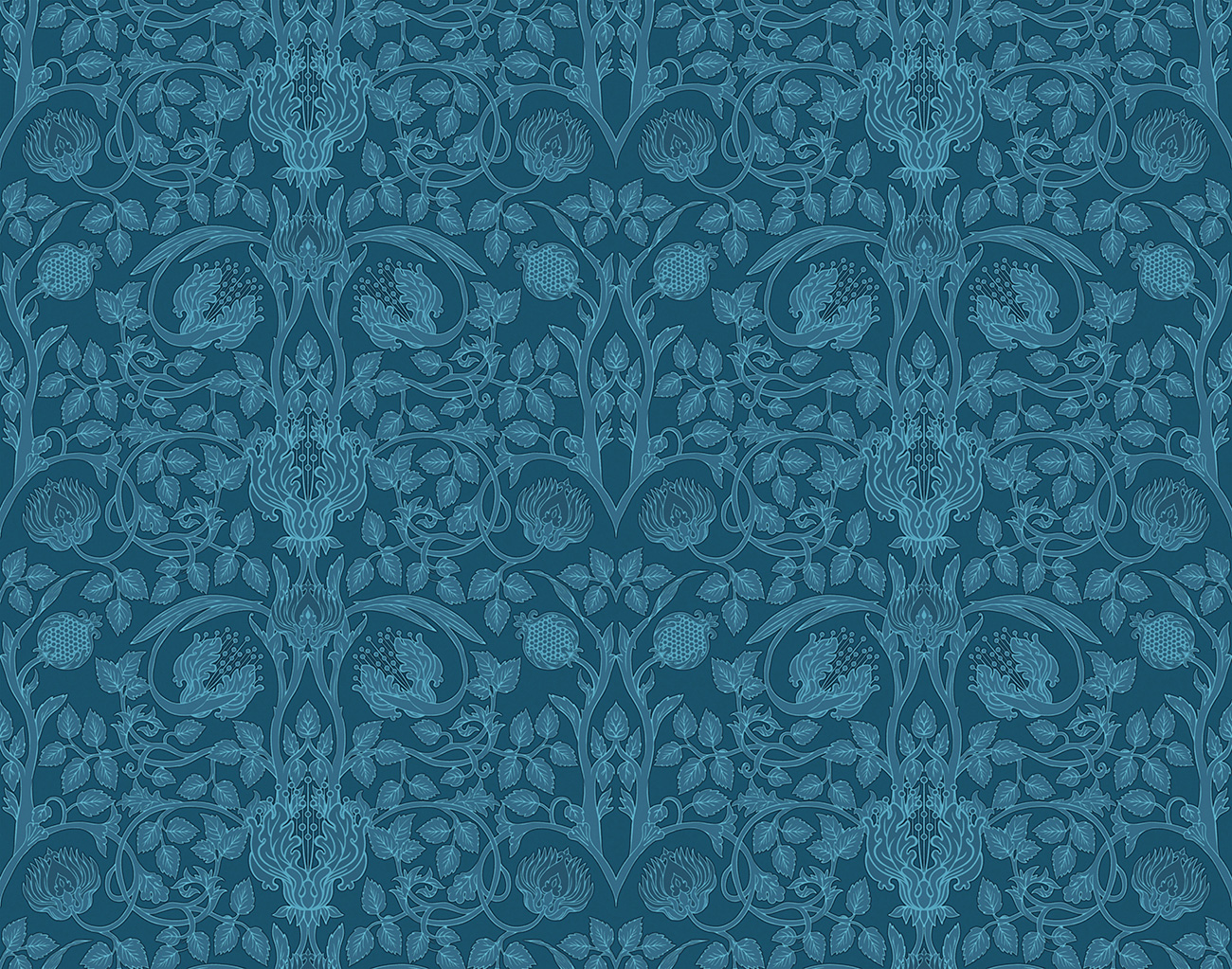 Decorative wallpaper with petrol blue floral pattern