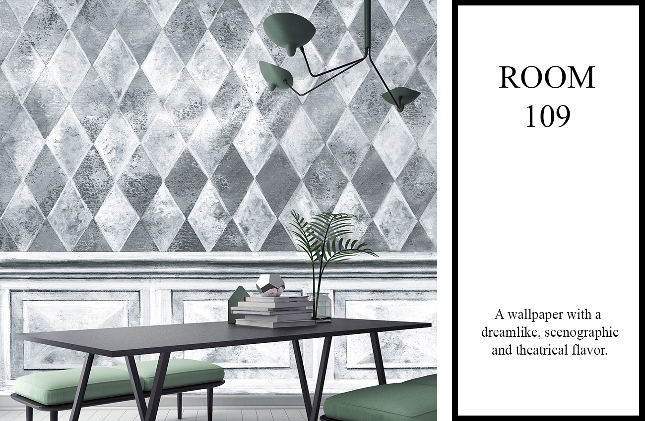 Geometric diamond wallpaper with hand-painted boiserie, covering a dining room