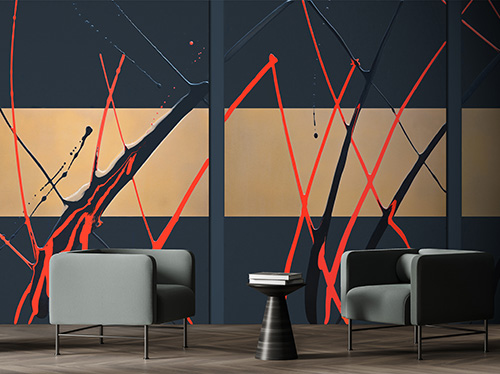 Oriental style wallpaper with black and gold background and red stripes, in a living room