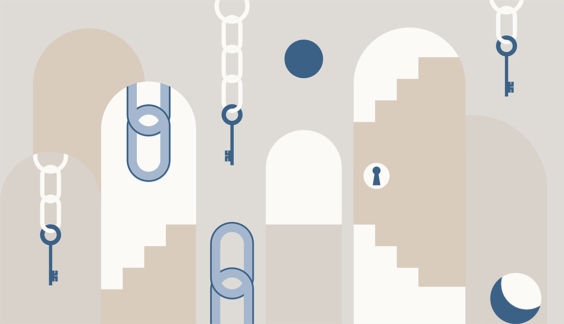 Modern design wallpaper with grey, beige, white and blue geometric shapes