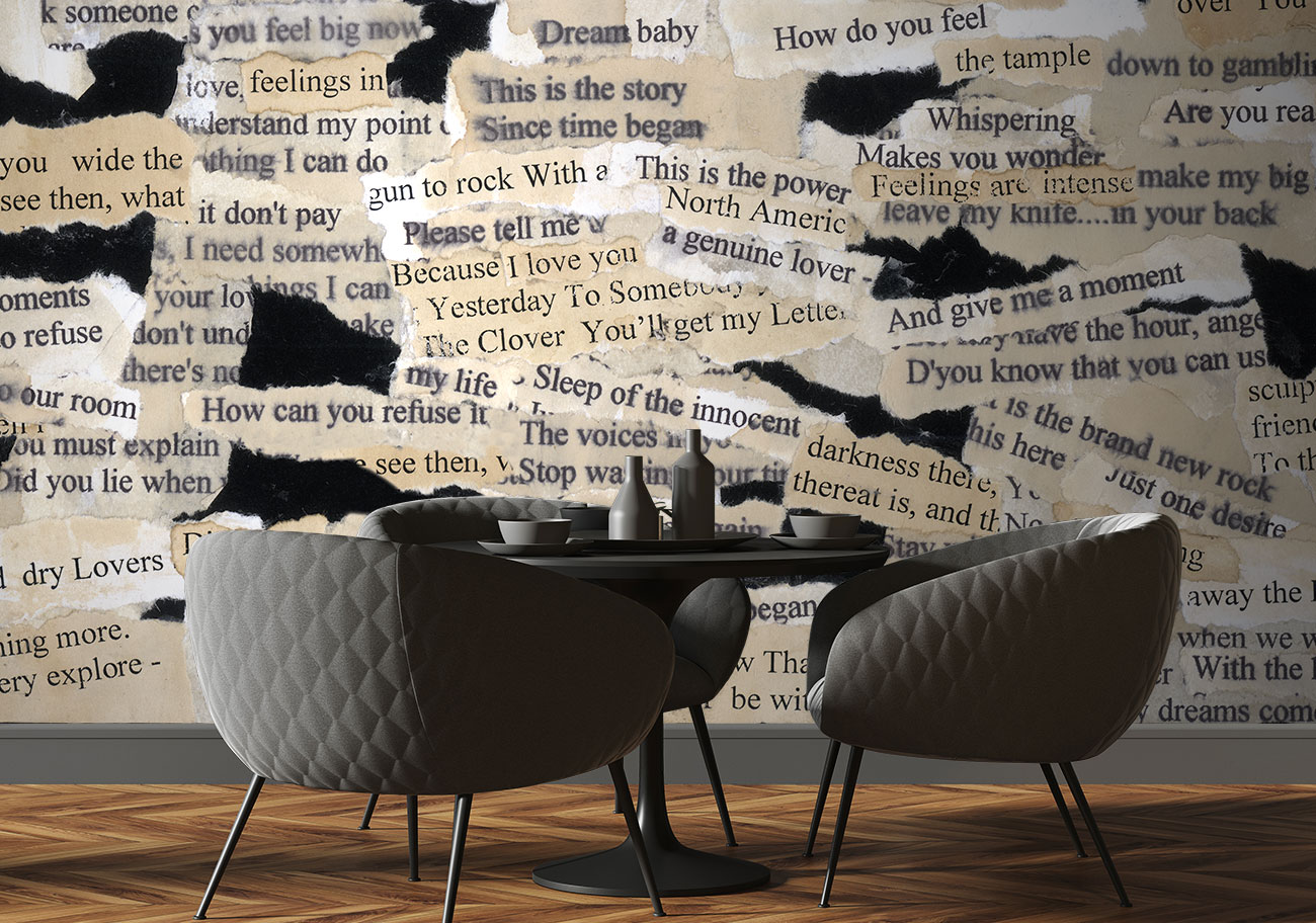 Carta da parati lettering con lettere e parole color ocra, nero e tortora