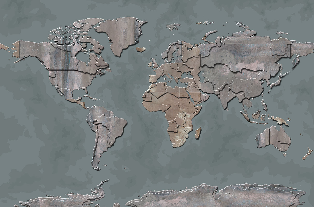 Geographic map wallpaper, 3D effect with gray and rust colored metal plates on a green background