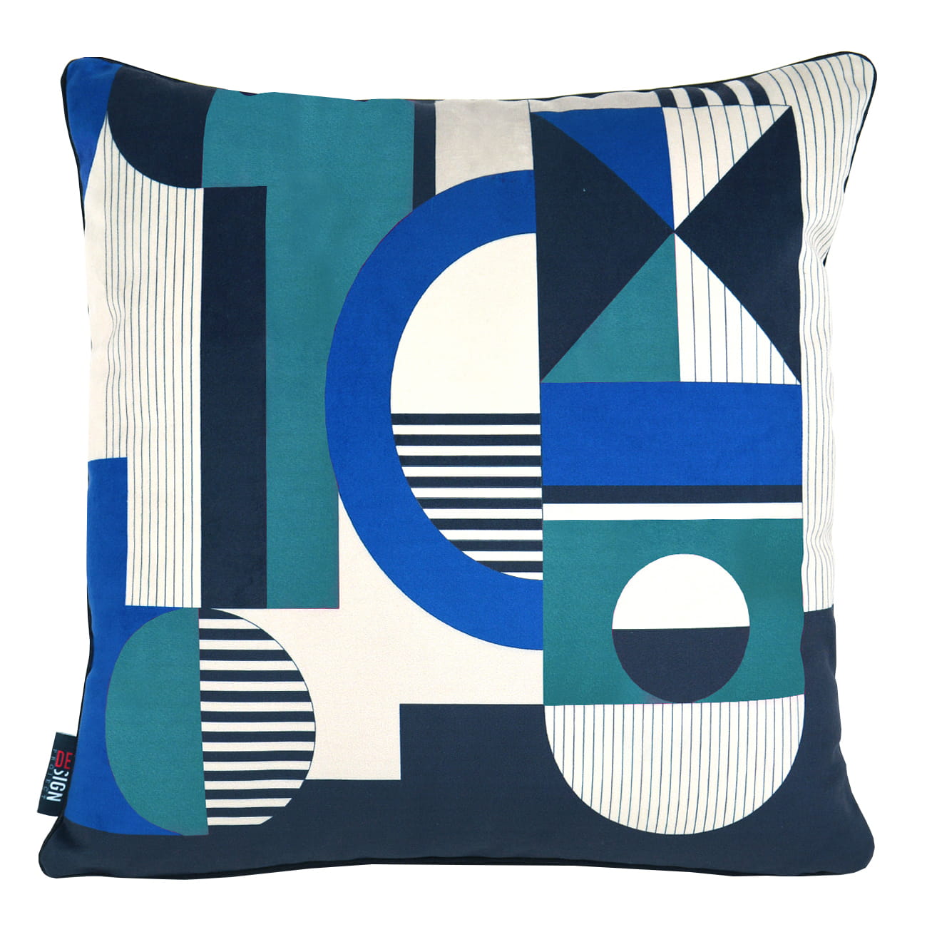 Cuscino dal design geometrico con linee e cerchi di colore blu verde, bianco e nero