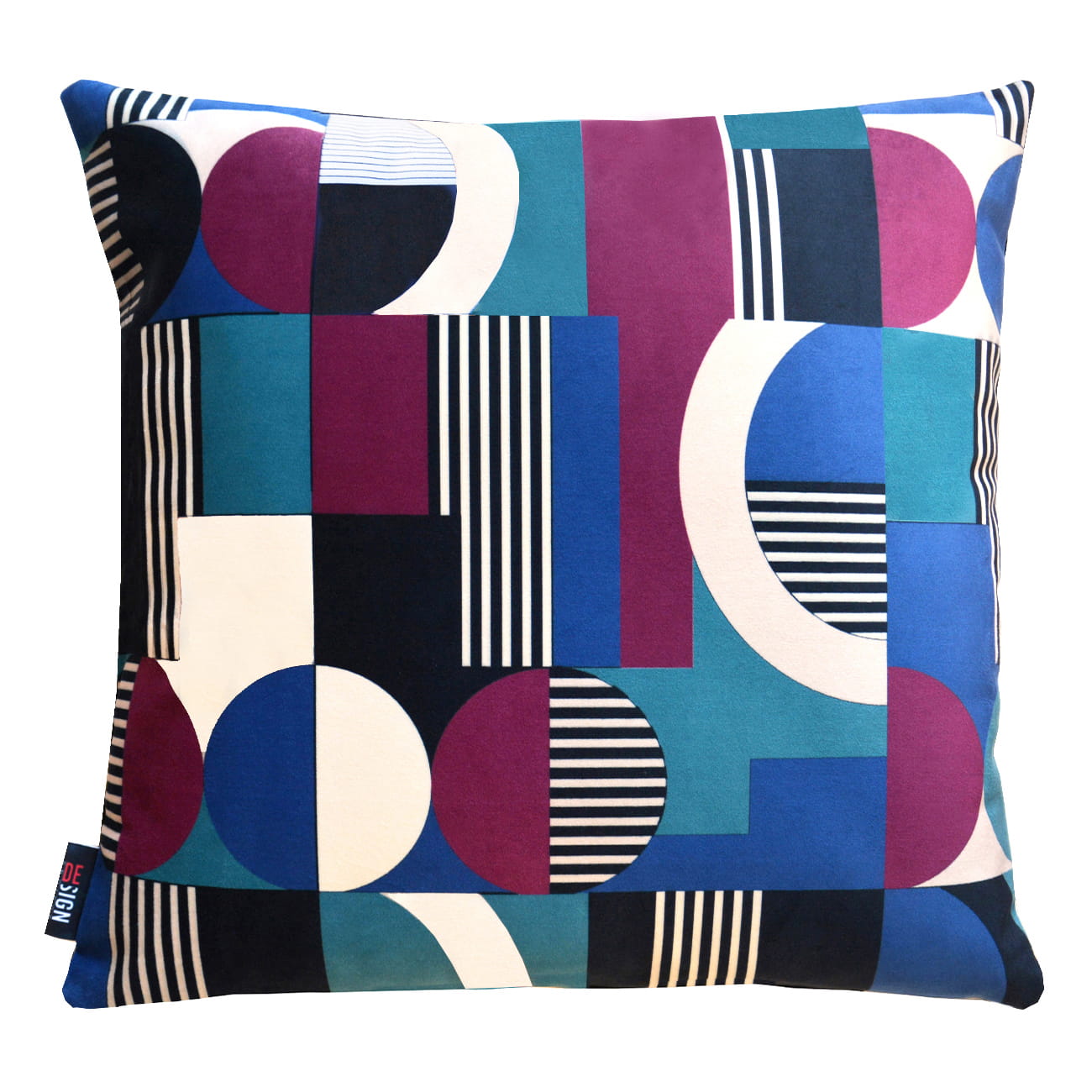 Cuscino decorativo design geometrico con colori accesi blu, ciclamino e verde