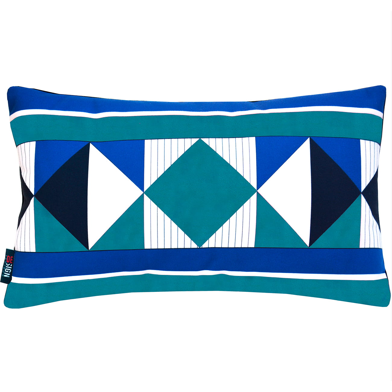 Cuscino decorativo design geometrico con colori accesi blu e verde