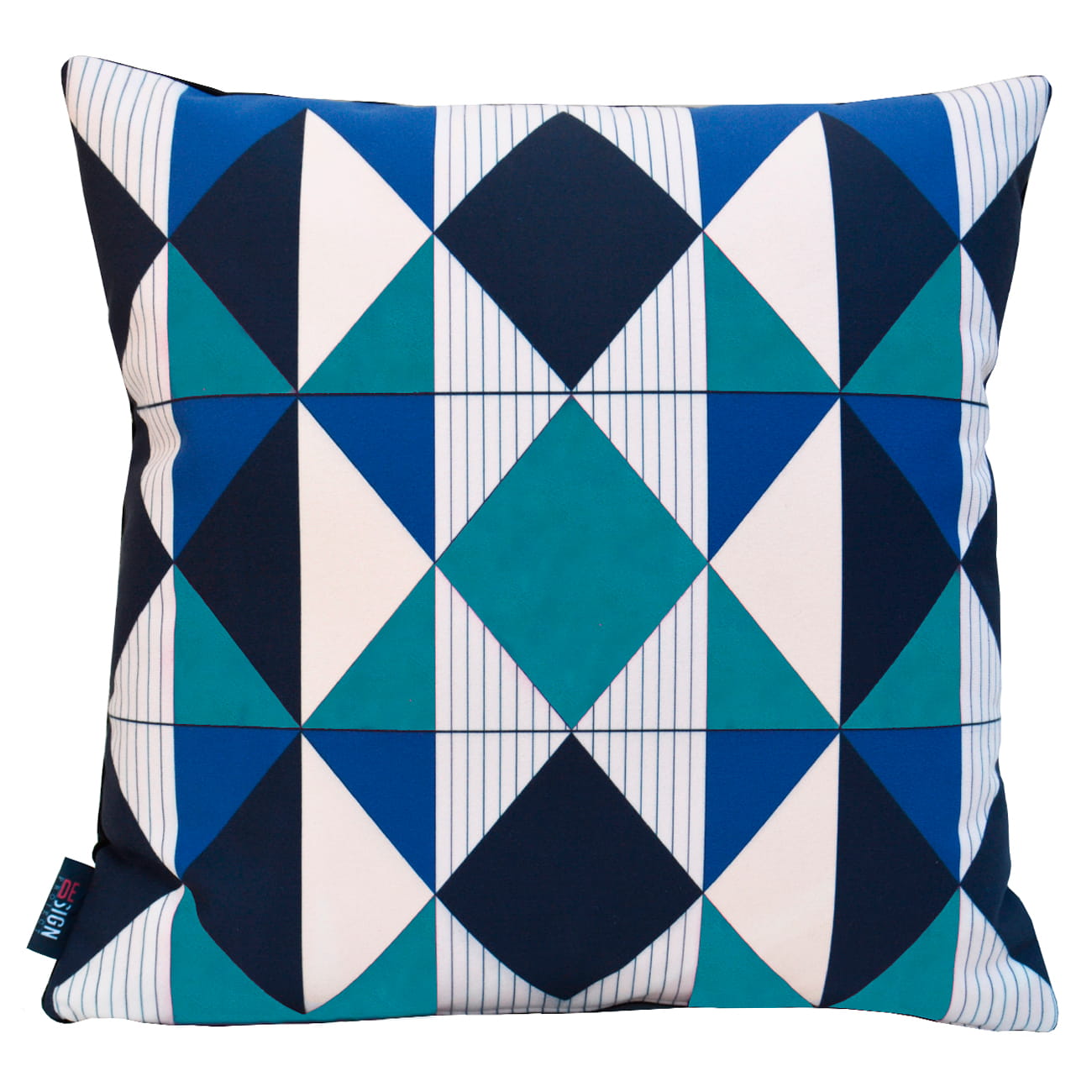 Cuscino design con forme geometriche, cerchi e righe di colore verde blu e nero