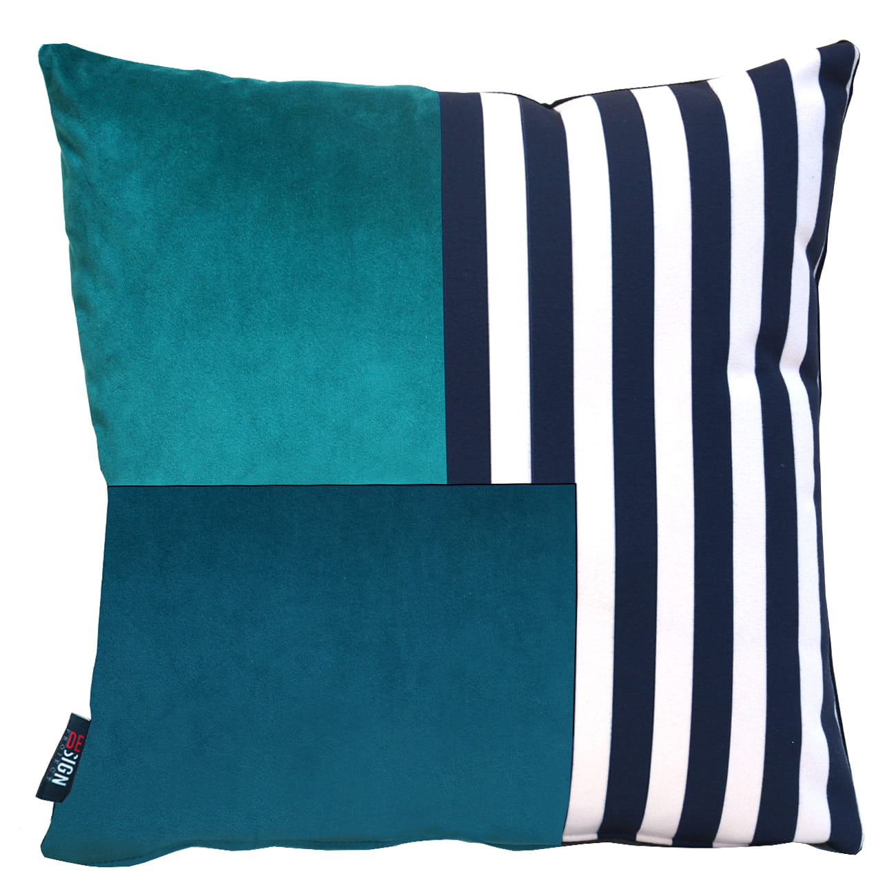 Cuscino dal design geometrico con linee e cerchi di colore blu verde, bianco e nero