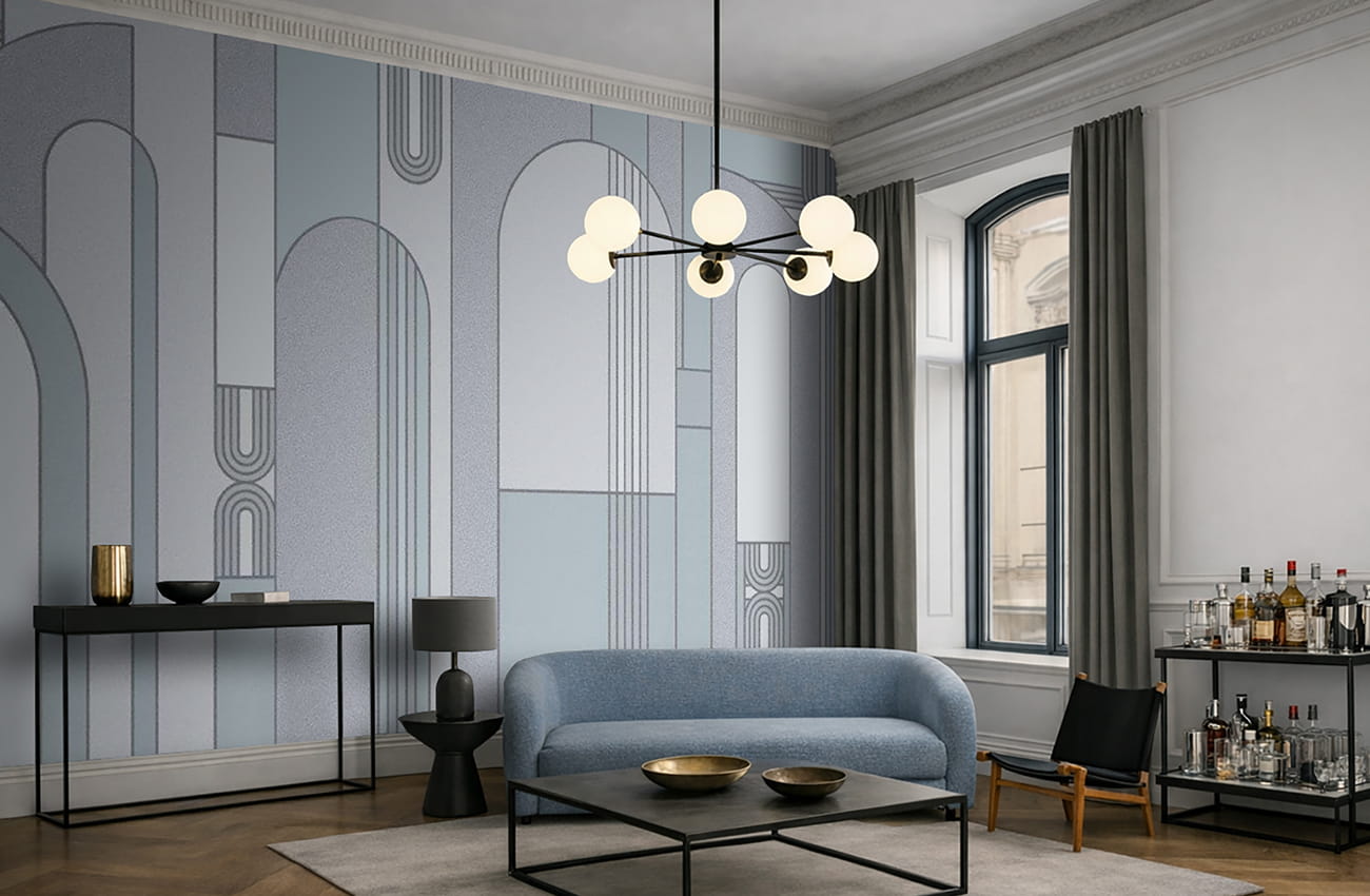 Soggiorno rivestito con carta da parati natura foglie di bambù verdi