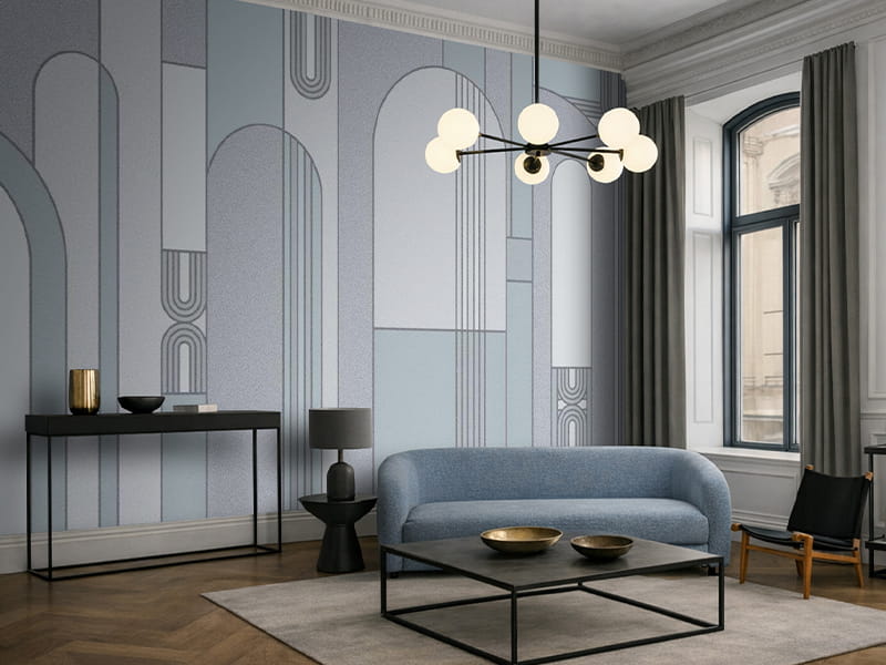 Soggiorno rivestito con carta da parati botanica foglie di bambù verdi