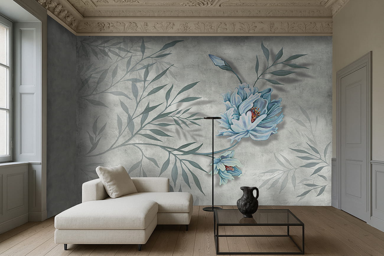 Carta da parati con fiore grande blu azzurro e foglie verdi in salotto elegante