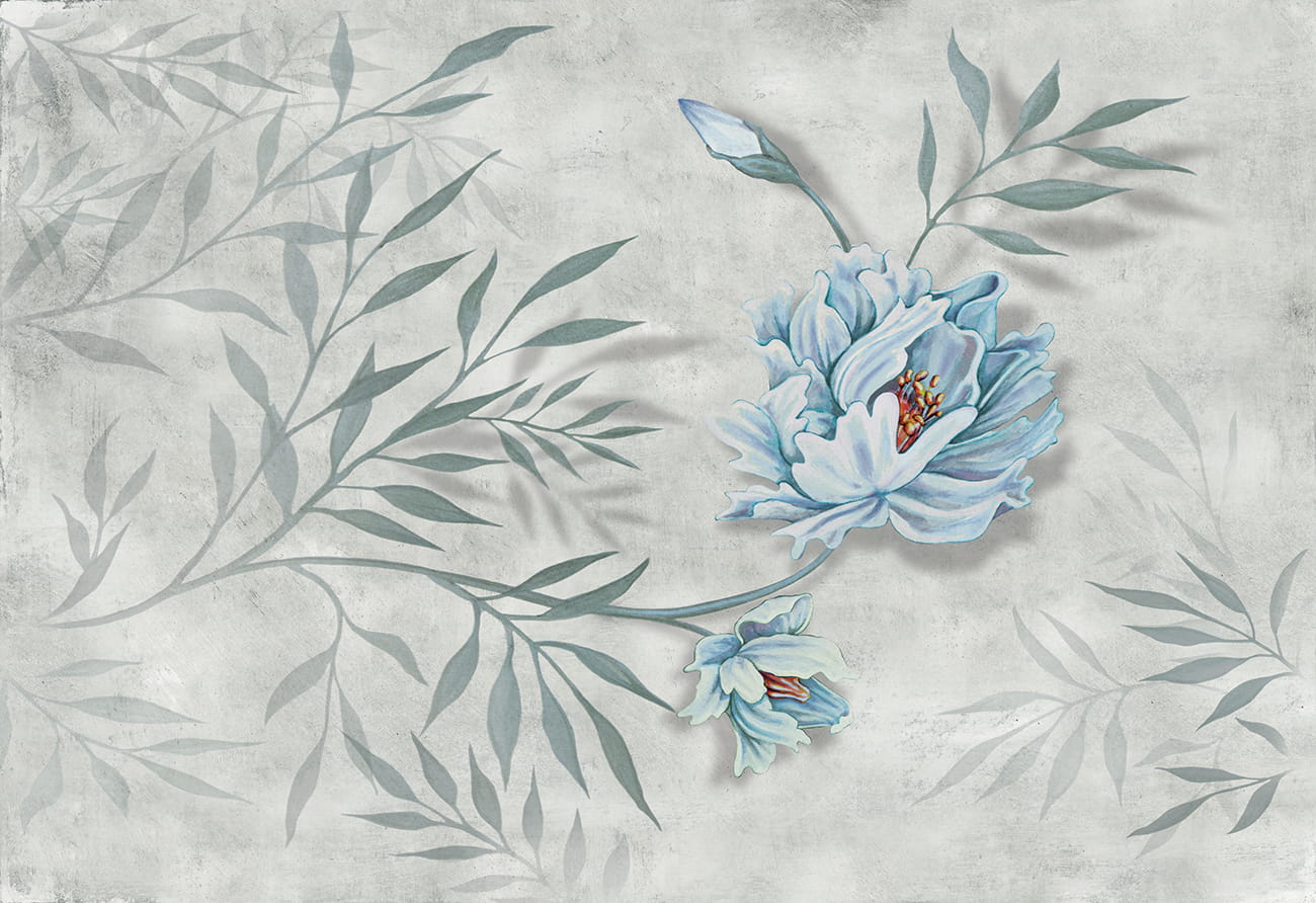 Carta da parati con fiore grande blu azzurro e foglie verdisu fondo bianco grigio materico
