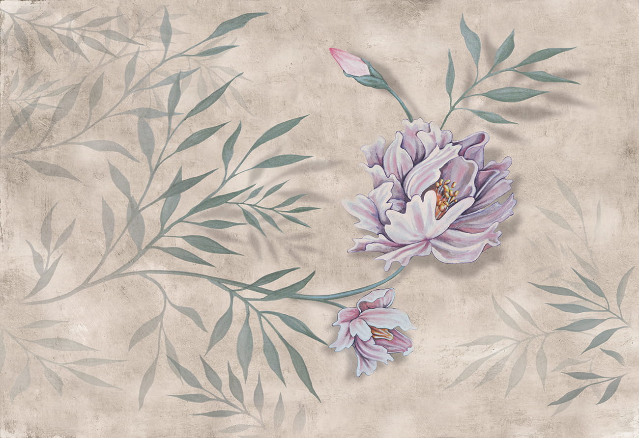 Carta da parati floreale toni caldi con fiore grande e foglie verdi su texture materica