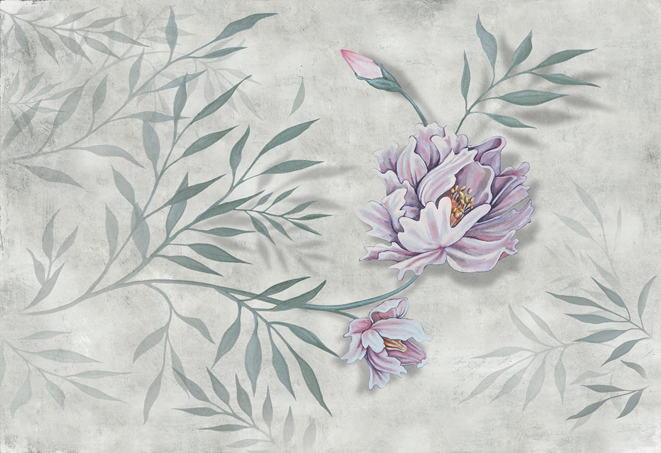 Carta da parati botanica con fiore grande rosa cipria e foglie verdi su texture materica