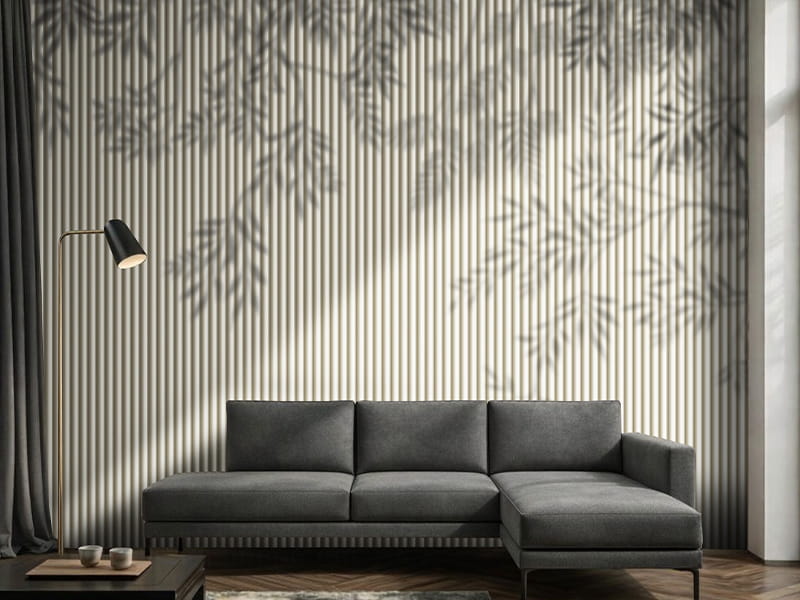 Soggiorno rivestito con carta da parati geometrica con archi eleganti blu azzurro