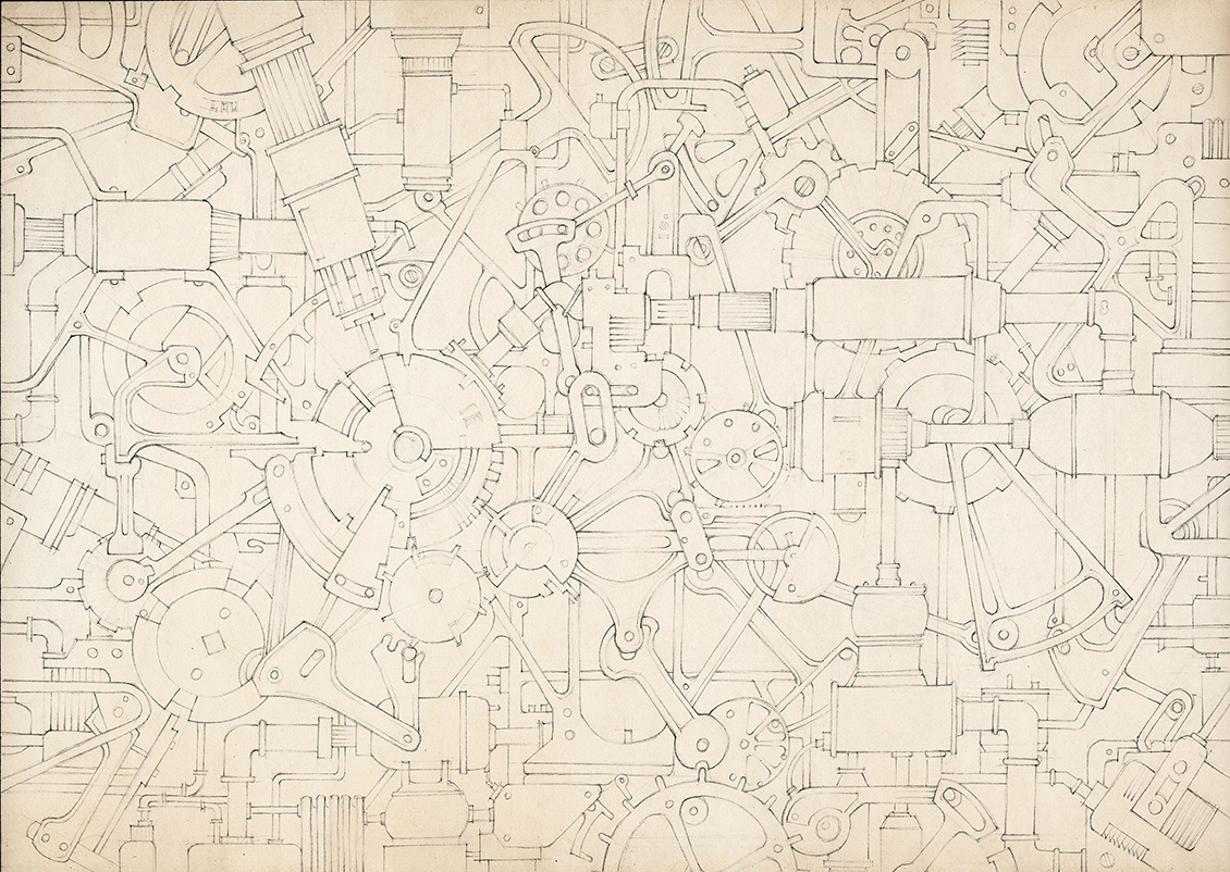 Industrial wallpaper with hand drawn gear design
