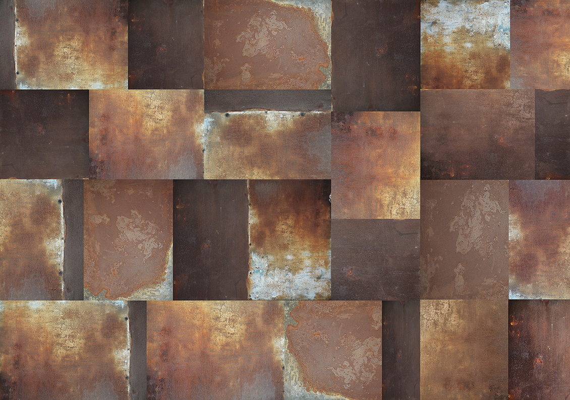 Industrial style wallpaper with rust-toned metal sheets